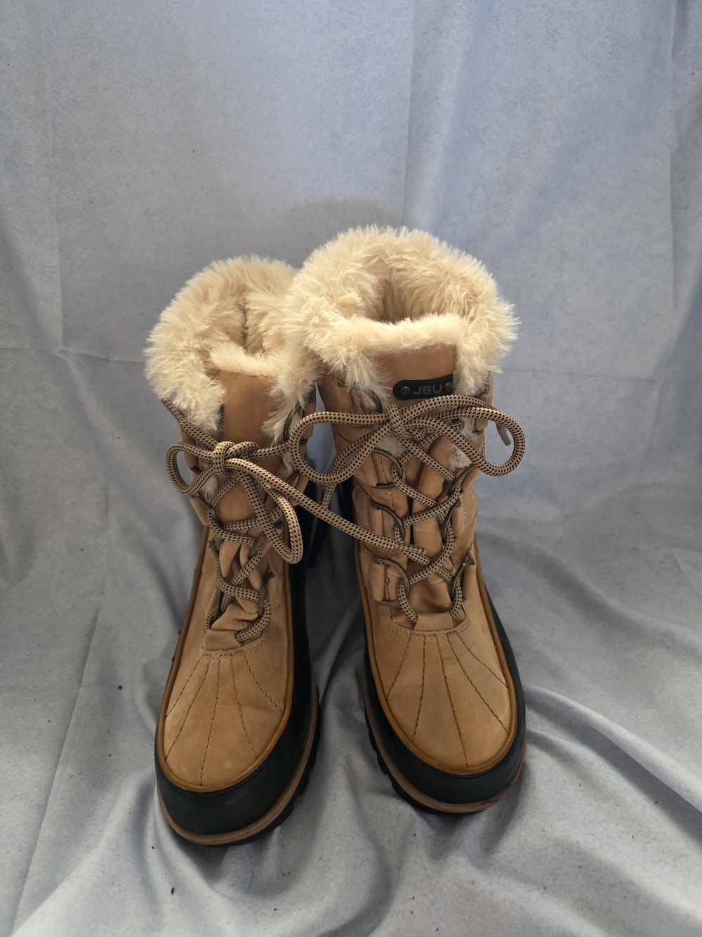 Insulated Tan JBL Lace-Up Winter Ankle Boots with Faux-Fur Inside.